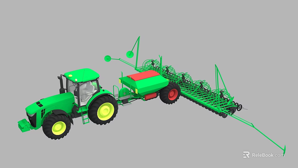 Green Agricultural Functional Tractor Equipped With Seeding Machinery And Yellow Wheels 3d model 
