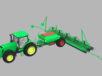 Green Agricultural Functional Tractor Equipped With Seeding Machinery And Yellow Wheels 3d model