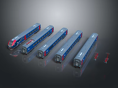 Modern Passenger Train With Blue Red Multiple Connected Carriages And Sleek Design Structure 3d model