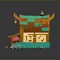 Cartoon Style Small House With Green Roof Orange Trim Porch Steps And Yellow Windows