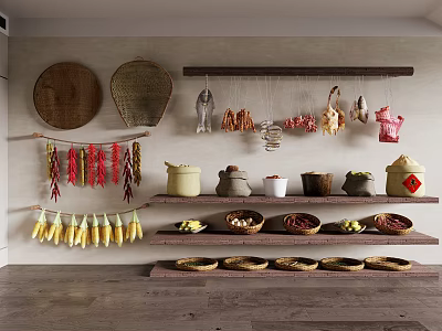 Rustic Kitchenware Display with Round Wooden Plates Woven Baskets Clay Pots and Dried Goods 3d model