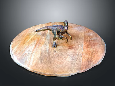 Dinosaur Model Displayed On Round Wooden Tray With Natural Texture 3d model