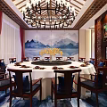 Chinese Style Clubhouse Interior With Mahogany Furniture Red Walls Chandelier And Circular Decor