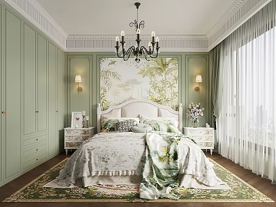 Elegant Bedroom Interior Design With Light Green Walls Wardrobes Floral Mural And Chandelier 3d model