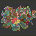 Block Built Fantasy Island Scene With Castles Red Roofed Buildings And Green Trees
