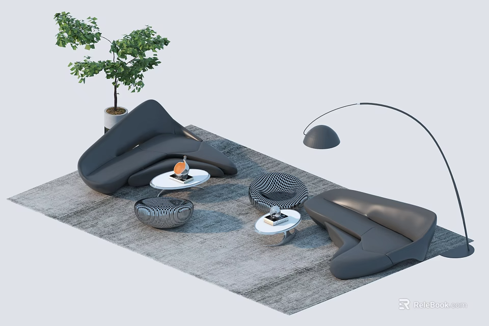 Modern Gray Curved Sofa And Coffee Table Set With Rug Floor Lamp And Potted Plant 3d model 