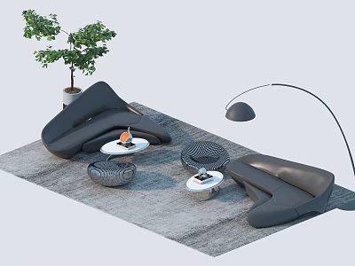 Modern Gray Curved Sofa And Coffee Table Set With Rug Floor Lamp And Potted Plant 3d model