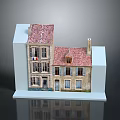 Detailed European Style Building Model With Red Roof Tiles Multiple Windows Balcony And Chimney