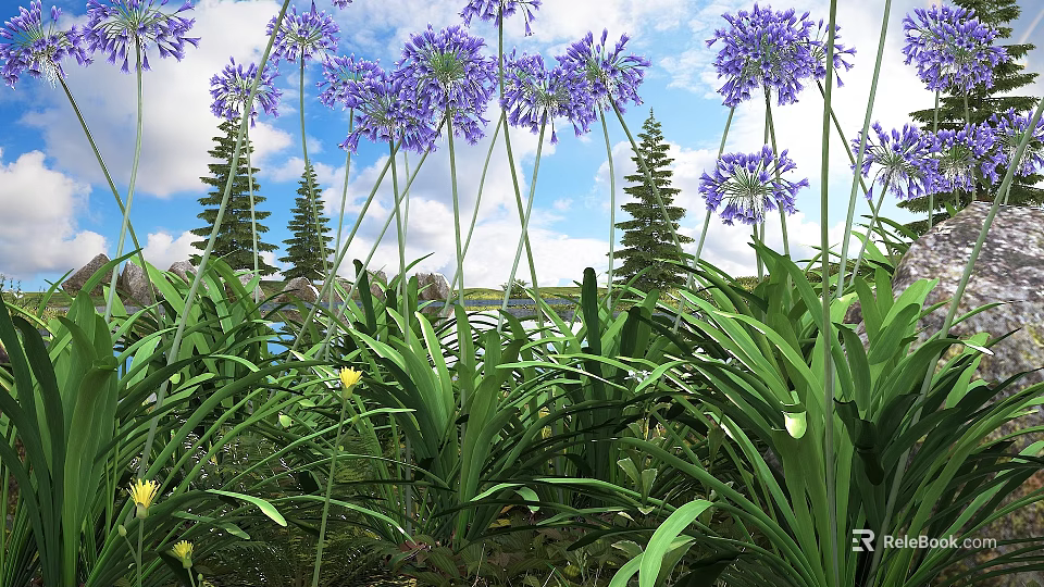 Purple Flowers and Green Leaves with Pine Trees Blue Sky White Clouds and Lake 3d model 