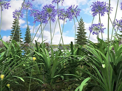 Purple Flowers and Green Leaves with Pine Trees Blue Sky White Clouds and Lake 3d model