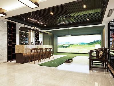 Indoor Golf Fitness Practice Area With Simulation Screen And Green Mat 3d model