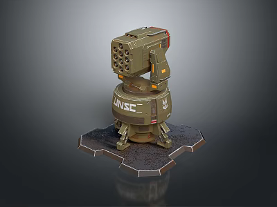 Green UNSC Artillery Machine With Multiple Barrels On Hexagonal Gray Base 3d model