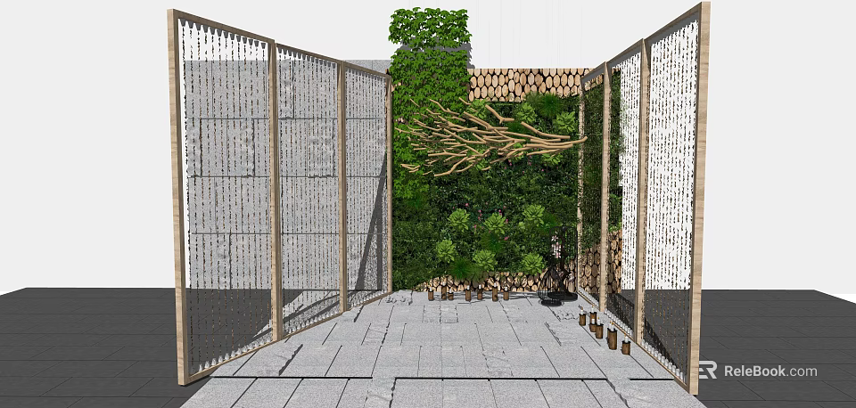 Living Plant Wall Interior Design With Wooden Screens Stone Flooring And Branch Decorations 3d model 