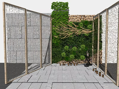 Living Plant Wall Interior Design With Wooden Screens Stone Flooring And Branch Decorations 3d model