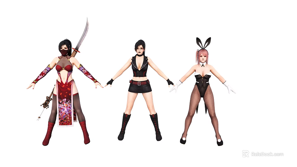 Game and Movie Characters Three Female Figures With Sword Bunny Ears And Detailed Costumes 3d model 