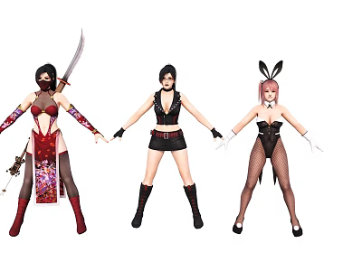 Game and Movie Characters Three Female Figures With Sword Bunny Ears And Detailed Costumes 3d model