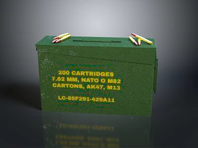 Green Military Ammunition Box With 200 7.62 MM NATO Cartridges For AK47 M13 3d model