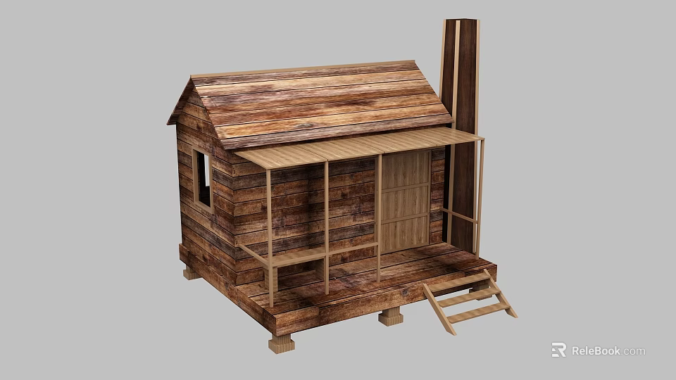 Rustic Wooden Cabin With Sloped Roof Porch Steps And Small Window 3d model 