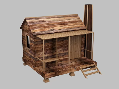 Rustic Wooden Cabin With Sloped Roof Porch Steps And Small Window 3d model