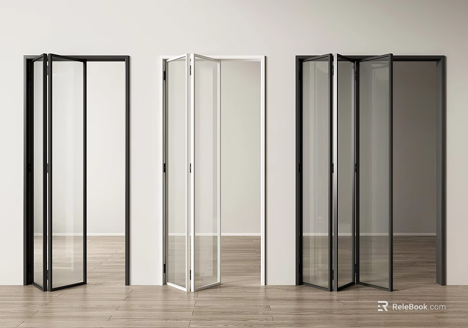 Glass Folding Doors In Black And White For White Walls Wooden Floor Room 3d model 