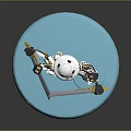Detailed 3D Robot Character With Multiple Limbs Holding Sword On Blue Base