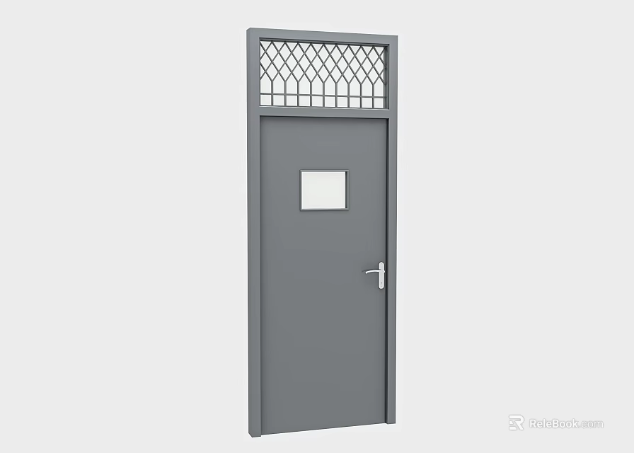 Gray Swing Door with Small Window and Lattice Design on Top and Silver Door Handle 3d model 
