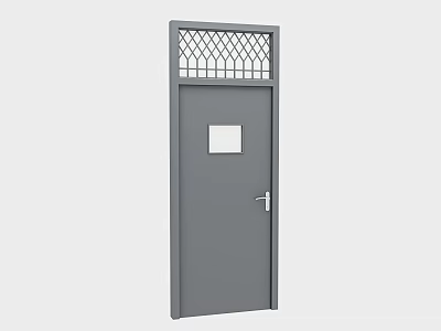 Gray Swing Door with Small Window and Lattice Design on Top and Silver Door Handle 3d model