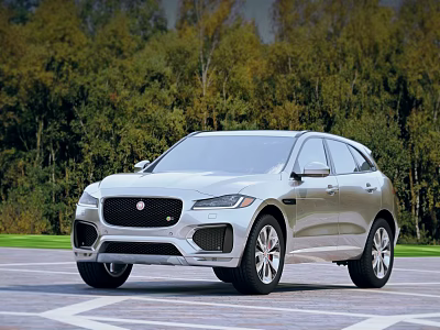 Silver Jaguar SUV Parked On Outdoor Lot With Trees 3d model