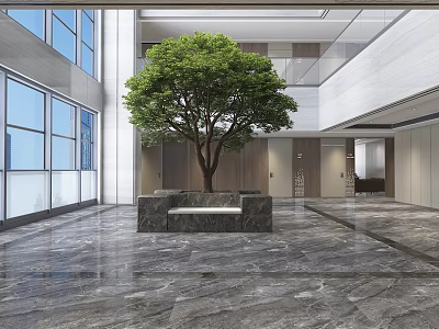 Modern Lobby Interior With Large Tree Marble Floor And Large Windows 3d model