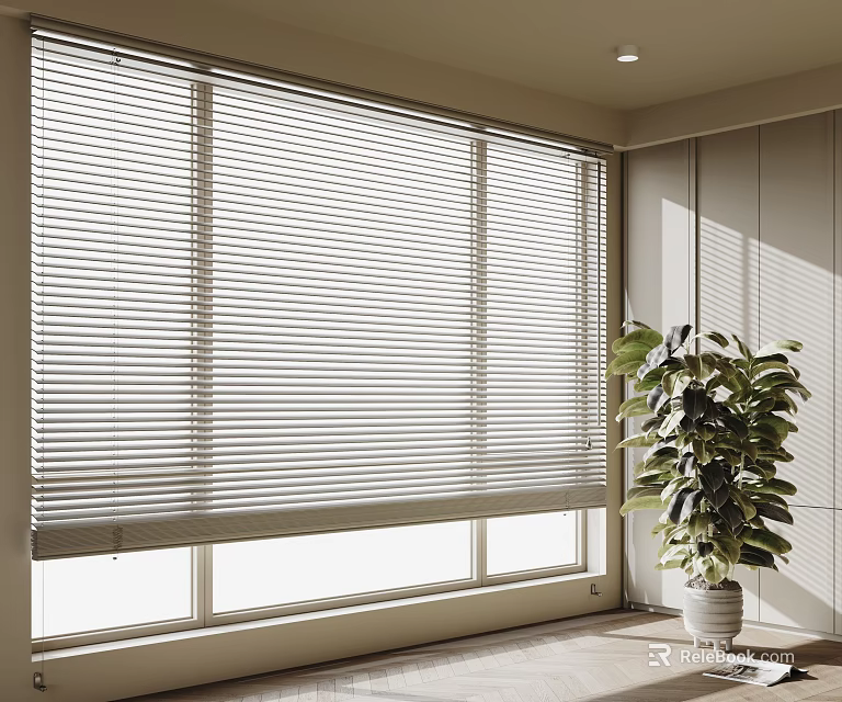Modern Window Blinds In Bright Interior With Natural Light And Green Plant 3d model 