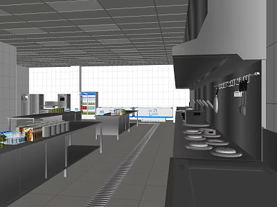 Commercial Kitchen With Stainless Steel Worktables Multiple Stoves And Range Hoods 3d model