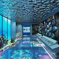 Underwater Oceanarium Tunnel With Colorful Fish Coral Large Aquarium Tanks Rock Decorations And Soft Lighting