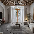 Cozy Living Dining Area With Curved Sofa Coffee Table Ceiling Fan And Art Painting
