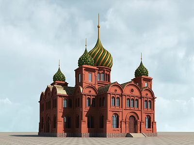 European Style Architecture With Red Exterior Green Gold Domes And Arched Windows 3d model