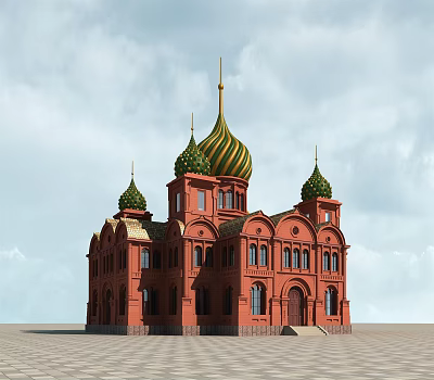 European Style Architecture With Red Exterior Green Gold Domes And Arched Windows 3d model