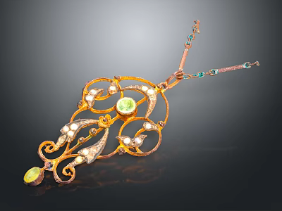 Elegant Golden Pendant Necklace With Green Gemstone And Diamonds In Intricate Filigree Design 3d model