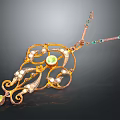 Elegant Golden Pendant Necklace With Green Gemstone And Diamonds In Intricate Filigree Design