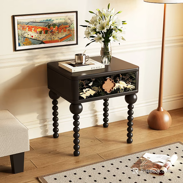 Vintage Black Bedside Table With Carved Design Spiral Legs Vase White Flowers Book And Mug 3d model 