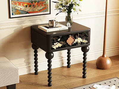 Vintage Black Bedside Table With Carved Design Spiral Legs Vase White Flowers Book And Mug 3d model