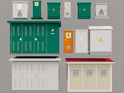Industrial Electrical Equipment Various Distribution Cabinets Control Panels In Green White Orange With Warning Signs 3d model