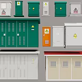 Industrial Electrical Equipment Various Distribution Cabinets Control Panels In Green White Orange With Warning Signs