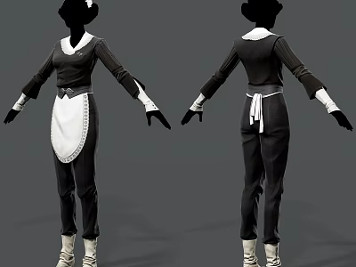 Classic Black Maid Uniform With White Lace Apron Cuffs And White Shoes 3d model