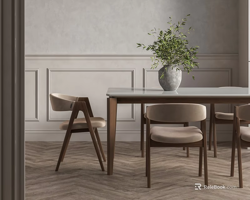 Elegant Dining Room Interior With Wooden Table Beige Chairs Herringbone Floor And Green Plant Decor 3d model 