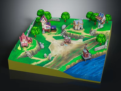Ancient Village Scene With Stone Cottages Walls Green Trees Winding Path And River 3d model