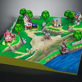 Ancient Village Scene With Stone Cottages Walls Green Trees Winding Path And River