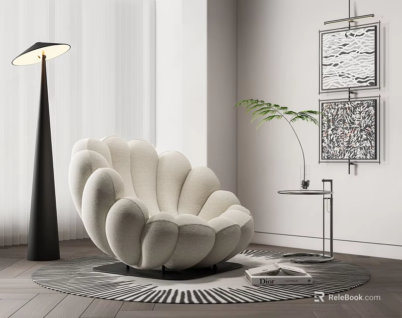 Cream Colored Shell Shaped Armchair with Floor Lamp Decorative Paintings and Side Table in Modern Room 3d model 