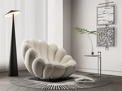 Cream Colored Shell Shaped Armchair with Floor Lamp Decorative Paintings and Side Table in Modern Room 3d model