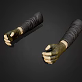 Hands Clenched in Leather Gloves with Dark Leather Sleeves Against Gray Background with Visible Shadows