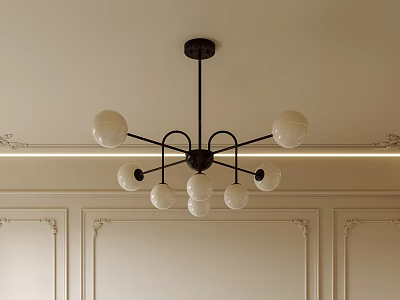 Modern Chandelier with Multiple White Spherical Bulbs Black Metal Frame on Ceiling with Decorative Panels 3d model
