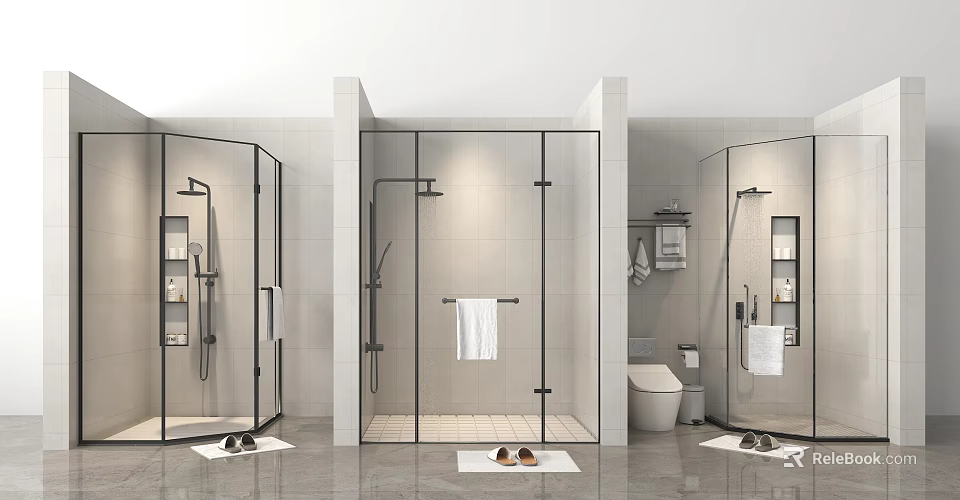 Modern Shower Head Design In Glass Enclosed Bathroom With Black Fixtures And Towel Holder 3d model 